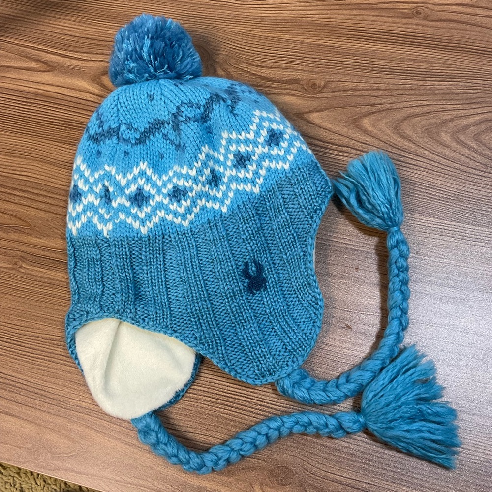 Spyder Blue Fair Isle Earflap Beanie Pom Pom Fleece Lined Winter Ski Hat